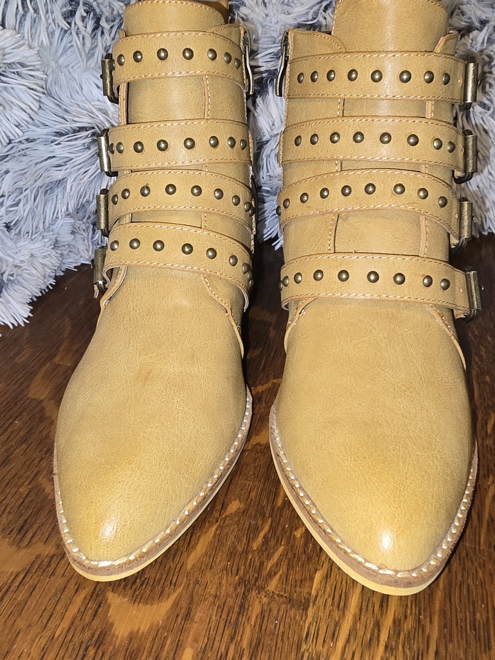 Three Bird Nest Tan Studded Buckle Ankle Boots
